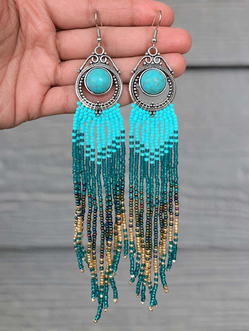 Zuri Southwestern Boho Fringe Beaded Earrings Coastal Cowgirl Handmade Turquoise